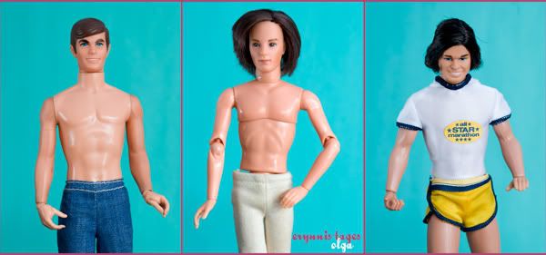 three Mattel male dolls with jointed wrists