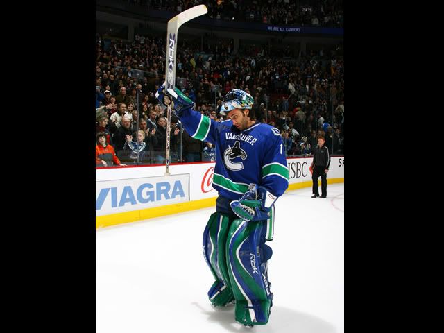 To further distinguish himself from Brewer, Luongo displays his ability to remain upright on the ice without using his stick for support.