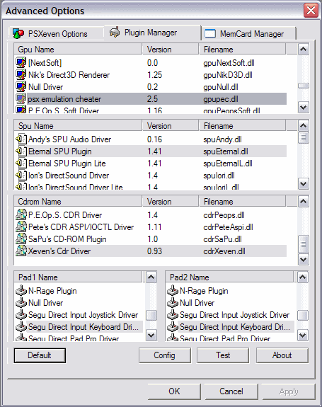 c) In the Plugin Manager tab, select psx emulation cheater as your GPU plugin.