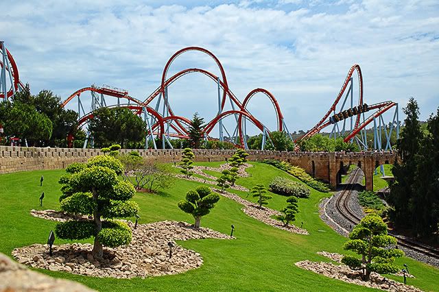 Port Aventura Amusement Park: Dragon Khan Attraction, Salou, Tarragona, Spain [enlarge]