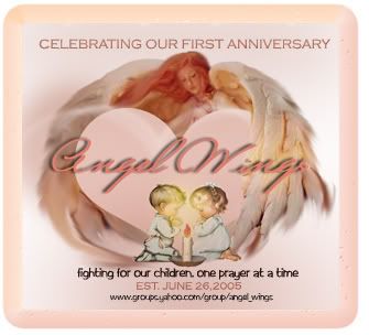 Photobucket</b><br>
The Angels of Angel Wings <!--cbusetag--><!--liveinspirit@aol.com--><br>
 - Sunday, June 25, 2006    9:28 PM CDT 
<hr>

<!-- Remote Addr: 389e76c4e105ea3a930f0a14e0dfb849 -->
<b>Chelli,<BR>I woke up this morning with you on my heart.  I'm praying for you today and will continue to lift you and your family in prayer.  May God bless you in an unexpected way today.</b><br>
Cookie Collie <!--cbusetag--><icollie@bayou.com><br>
West Monroe, LA - Saturday, June 24, 2006    7:18 AM CDT 
<hr>

<!-- Remote Addr: d0cec49a23102ef3e32b27fe02368b89 -->
<b>Just wanted to tell you I still think of you and your family and pray God will guide you through this time and give you peace. Although I don't know any of you, I always kept up with little Lacey and she was a strong and courageous little girl. SHe touched my life and I am blessed by just reading about her. Take one day at a time and know she is well now, no pain or suffering and in the hands of our Father. What a blessing that child was!!</b><br>
Patsy Whaley <!--cbusetag--><!--patsynbama@yahoo.com--><br>
Hanceville, AL USA - Friday, June 23, 2006   11:57 PM CDT 
<hr>

<!-- Remote Addr: cce6ce06d80e0698ff3aab47ba2fc25c -->
<b>Hey Chelli!  Think about yall all the time.  Miss you girl!  Imagining Caleb and Lacey are having a great time.  They are waiting on our arrival now.  Her room will be beautiful!  I know it was hard to go through her clothes.  I have a big keep sake box I am keeping some of Caleb's favorite Spiderman and Batman things in.  Always remember those great memories we had with them.  God will help you through the toughest days.  Much love to you sister. :)    Laurie</b><br>
Laurie Sims <!--cbusetag--><Lsims71@cs.com><br>
Lonoke, AR USA - Thursday, June 22, 2006    9:48 PM CDT 
<hr>

<!-- Remote Addr: 9998ff1b4f141c816bc1913c32f56dff -->
<b>Chelli, I wanted you to know I still think of you every day.  You are in every prayer I speak.  My mammaw is there with Lacey now.  She also loved peanut butter and jelly sandwiches, so I know they are eating more than they can hold.  I cannot wait till the day that we can see their smiling faces again, both cancer free and waiting with arms wide open to welcome us to glory land.  If you need anything             just call me.</b><br>
Ashley Fleming Gill <!--cbusetag--><Sheshe99_2000@yahoo.com><br>
Pine Bluff, AR - Thursday, June 22, 2006    1:58 PM CDT 
<hr>

<!-- Remote Addr: 03c596c5eaaf510ee90c1fc8c051776e -->
<b>Just wanted you to know that I'm still here and still praying so for your family and your broken hearts.<BR>Rom 8:27 And he that searcheth the hearts knoweth what is the mind of the Spirit, because he maketh intercession for the saints according to the will of God.<BR><A HREF= http://www.freewebs.com/prayerbears/>The Prayer Bears Website</a><BR></b><br>
Lynn <!--cbusetag--><aprayerbear@gmail.com><br>
Seattle, WA - Sunday, June 18, 2006    7:51 PM CDT 
<hr>

<!-- Remote Addr: bf873011744f024c5925288a974aa7e4 -->
<b>Thinking of you and your beautiful Lacey Mae this evening.  Miss you!!!</b><br>
Lora P. <!--cbusetag--><loraparker@comcast.net><br>
3-Gold, - Sunday, June 18, 2006    7:00 PM CDT 
<hr>

<!-- Remote Addr: 09b0697015da3abd104cdf44292872c8 -->
<b>Dear chelli<BR>Lacey was such an inspiration to so many of us.  With the wonderful stories that she shared near the end of her journey here on earth, she taught me to just keep believing and continue my faith in the Lord and what a reward we will have when we get to heaven.  I actually got Jordan and Jarrod a little pool last weekend and I thought about Lacey as I was putting it up.  I remembered how you would talk about her love for the swimming pool.  There are so many little things that remind me of her or something I read from your entries that remind me so very much.  Well, may the Lord bless you with a wonderful day. <BR><BR>love your friend<BR>susan villareal</b><br>
susan villareal <!--cbusetag--><srv1971@yahoo.com><br>
star city, ar usa - Thursday, June 15, 2006   12:46 AM CDT 
<hr>

<!-- Remote Addr: cce6ce06d80e0698953405d2a5016a90 -->
<b>I am missing Lacey Mae today and thinking of all of you. Praying for a good summer for all of you.<BR>Love,</b><br>
Lis Geoghegan <!--cbusetag--><liveinspirit@aol.com><br>
Cabot, AR - Saturday, June 10, 2006    5:22 PM CDT 
<hr>

<!-- Remote Addr: 15fc7dbbeaa530f4a2642b3445320ade -->
<b>Have been thinking about you and Lacey Mae a lot lately.  What a gift to all of us, more than many can even know.  Her legacy lives on- her dreams and glimpses of heaven and what's to come have helped so many of our families who are facing losing their child.  She and her stories to you towards the end are sometimes the only thing which are able to give some comfort to our other families.  Thank you for sharing- the stories, your love, and your precious Lacey Mae.  Missing you and her very much.  Love you...</b><br>
Carrie <!--cbusetag--><calhoonct@archildrens.org><br>
Little Rock, AR - Saturday, June 10, 2006    3:39 AM CDT 
<hr>

<!-- Remote Addr: 57e7d4587c9b628ea9ac88a49e1ce21e -->
<b>Just want you to know I'm thinking about you this morning!</b><br>
Stephanie Messick-Dunlap <!--cbusetag--><dunlapsa@archildrens.org><br>
Little Rock, AR - Friday, June  9, 2006   11:46 AM CDT 
<hr>

<!-- Remote Addr: c5b70951e323152054a049b8f750a98a -->
<b>Praying for you today.  God bless you and give you peace.</b><br>
Connie Powell <!--cbusetag--><!--cpowell@firstwest.cc--><br>
West Monroe, LA - Friday, June  9, 2006    8:47 AM CDT 
<hr>

<!-- Remote Addr: 0098caf5bb354ac612aa66da9b66ebbd -->
<b>Just wanted to let you know that your on my mind. Praying for you all.<BR>Paula Lane</b><br>
paula lane <!--cbusetag--><lanepk@sbcglobal.net><br>
monticello, ar  usa - Wednesday, June  7, 2006   11:56 PM CDT 
<hr>

<!-- Remote Addr: cc34416cc87ba74308eafafaf6fec3a0 -->
<b>Remembering all of you today with prayers.</b><br>
Melissa Benson <!--cbusetag--><jan1026@aol.com><br>
Katy, TX - Friday, June  2, 2006    8:10 AM CDT 
<hr>

<!-- Remote Addr: 03c596c5eaaf510ee90c1fc8c051776e -->
<b>Wanted you to know that I'm still praying so for your family!  I'm still thinking about you...<BR>Ps 71:3 Be thou my strong habitation, whereunto I may continually resort: thou hast given commandment to save me; for thou art my rock and my fortress.<BR><A HREF= http://www.freewebs.com/prayerbears/>The Prayer Bears Website</a><BR></b><br>
Lynn <!--cbusetag--><aprayerbear@gmail.com><br>
Seattle, WA USA - Thursday, June  1, 2006   11:13 AM CDT 
<hr>

<!-- Remote Addr: 2263b8a20c7cec89bb8dd8e738be6906 -->
<b>Good Morning:<BR><BR>I just wanted you to know that I am thinking of you daily in prayer and lifting you up.  Even though we know they have gone to a better place it is still hard for those of us left here in such pain.  May we continue to focus on the prize that one day we will all be together in paradise!! <BR>Love and Prayers  <BR>Shonda<BR></b><br>
Shonda Caldwell <!--cbusetag--><hisgrace@seark.net><br>
 Star City, AR USA - Thursday, June  1, 2006    9:38 AM CDT 
<hr>

<!-- Remote Addr: d0cec49a23102ef3c1a817981c4bad06 -->
<b>My heart goes out to you and your family, I know you miss your precious little girl. She is healthy and in the loving hands of our Father....what awesome sights she is seeing!! I pray God will give you renewed strength each day to get through one day at a time, and I am sure, one minute at a time some days. I pray for you and your family and pray God will touch your heart and give you peace and comfort. I hope to see updates from you here from time to time, I have been following this site for along time now.Even though your precious sweetheart is in heaven, I still wonder about you and your family and think of you. Please keep all of us out here updated with your family. Even though I don't know you and your family I feel as though I do. Prayers and blessing to you and may God light your path and give you strength on those days when you feel you can't go another step. God bless and keep you in His care.</b><br>
Patsy Whaley <!--cbusetag--><patsynbama@yahoo.com><br>
Hanceville, AL USA - Sunday, May 28, 2006   11:46 PM CDT 
<hr>

<!-- Remote Addr: 7fe416e9fa194d08f62b292ac6c89e1d -->
<b>Hi Chelli,  So happy to see how much Lacey's team raised in your Relay for Life. Melissa Anne (our 5 1/2 year old great-granddaughter) and I will be walking  the survivors lap On June 9.  She passed her 3 year post stem cell transplant on April 10 and remains in good health. I  am 3 1/2 years post surgery and doing well.  I am also walking with our Church's team.  Melissa and I have made luminaries in memory of Lacey Mae and the other children who became Angels this year and in honor of Melissa and all the little people which are such good fighters!!!  We praise the Lord each day and often think of you and your family and keep you in our Prayers.</b><br>
Nina Pudil <!--cbusetag--><pudil2831@netzero.net><br>
Cedar Falls, Iowa U.S.A.. - Friday, May 26, 2006   10:27 PM CDT 
<hr>

<!-- Remote Addr: 9eccb3fadd7df31642fb8e6a7d0638ac -->
<b><a href=