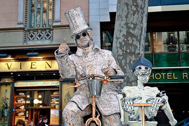 Biker and Skeleton in Las Ramblas, Barcelona, Spain [enlarge]