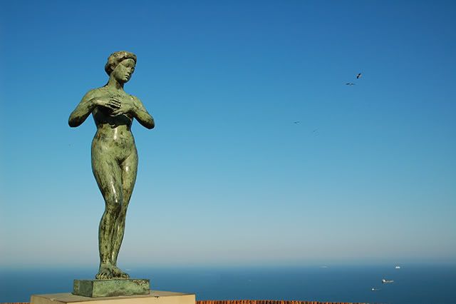 Statue of Naked Woman Dedicated to Gaspar_de_Portola at Montjuic Castle in Barcelona